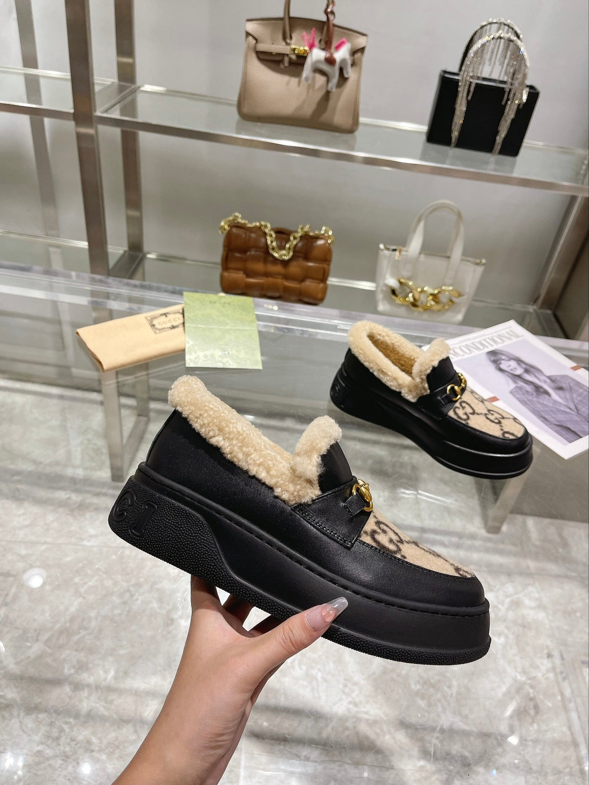 GG Snow Boots Black Beige Calfskin Suede Wool 576246