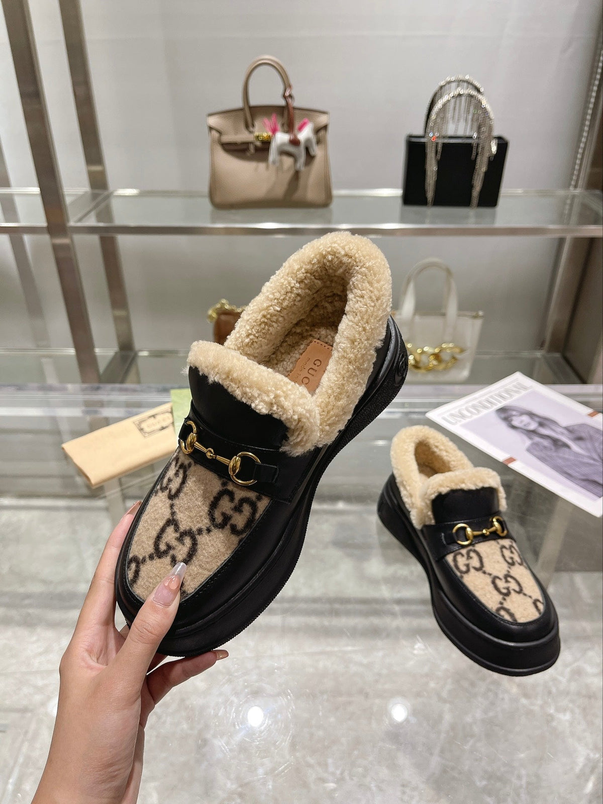 GG Snow Boots Black Beige Calfskin Suede Wool 576246