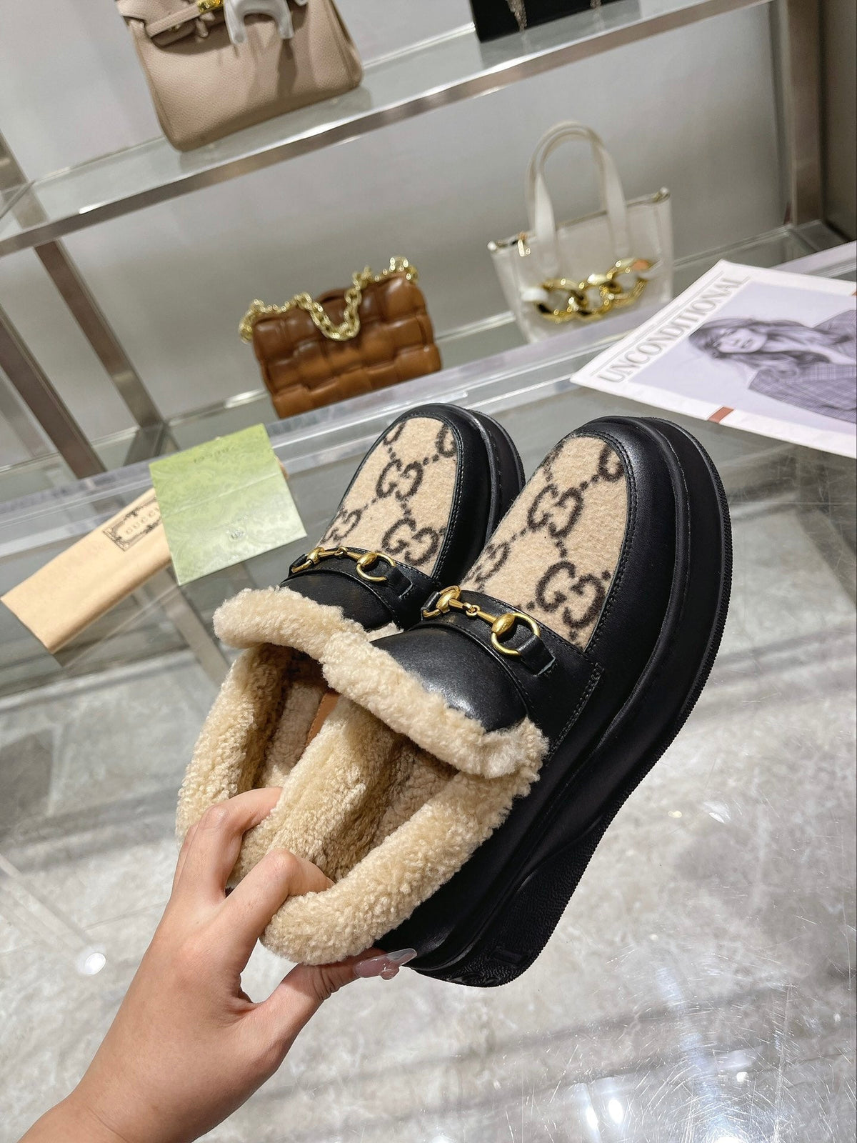 GG Snow Boots Black Beige Calfskin Suede Wool 576246