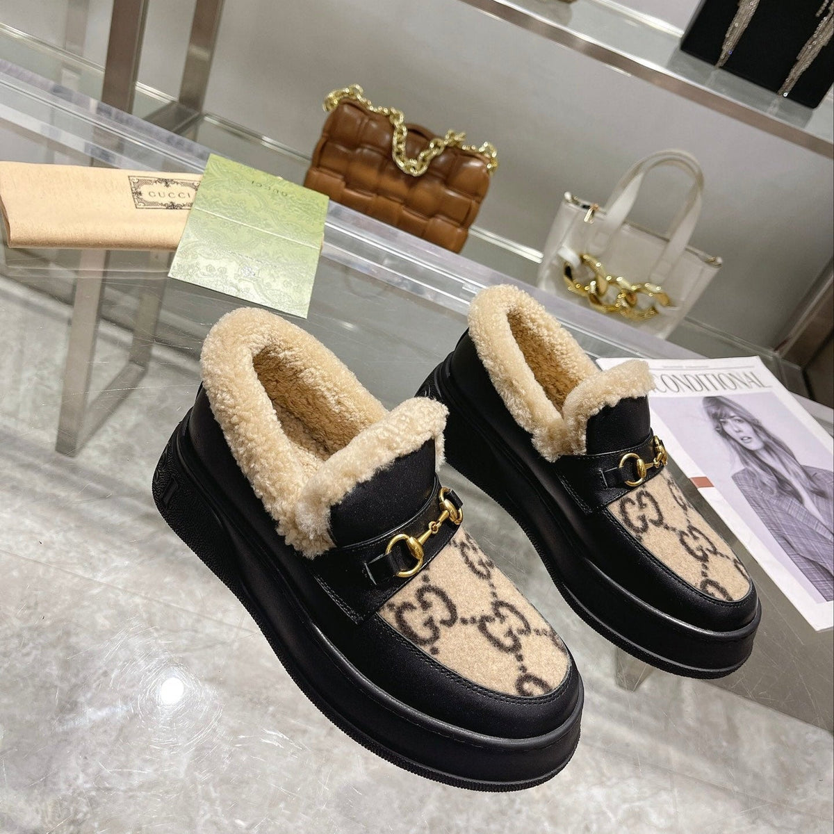GG Snow Boots Black Beige Calfskin Suede Wool 576246