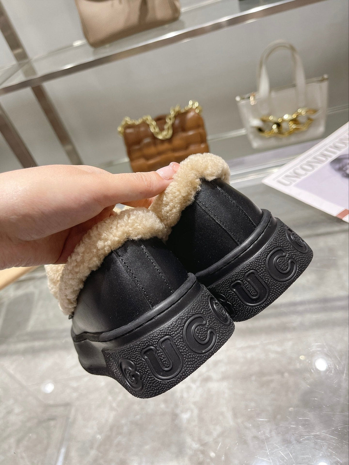 GG Snow Boots Black Beige Calfskin Suede Wool 576246
