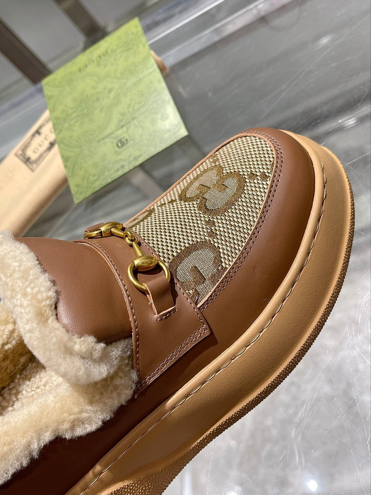 GG Snow Boots Brown Calfskin Denim Wool 576247