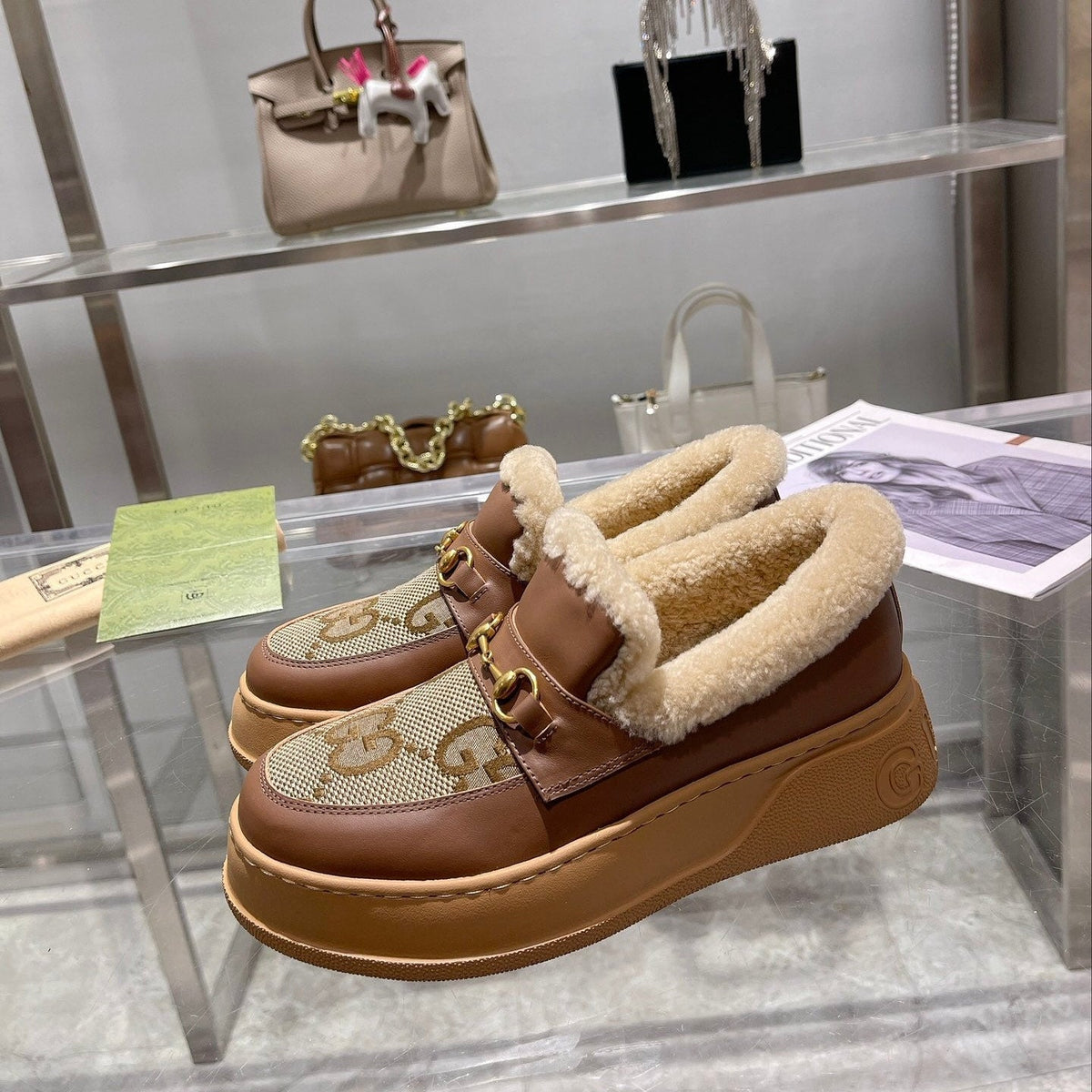 GG Snow Boots Brown Calfskin Denim Wool 576247