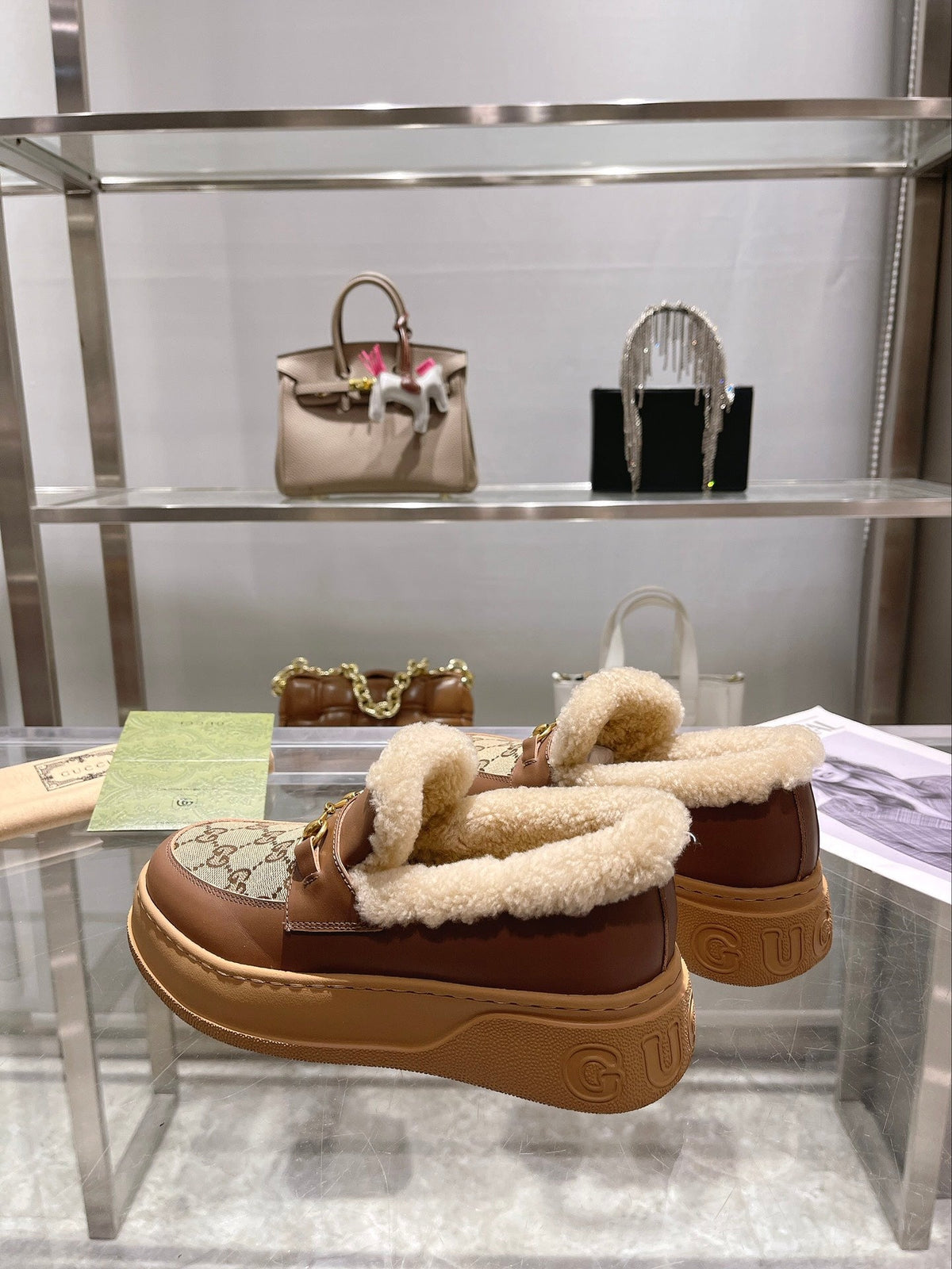 GG Snow Boots Brown Calfskin Denim Wool 576249