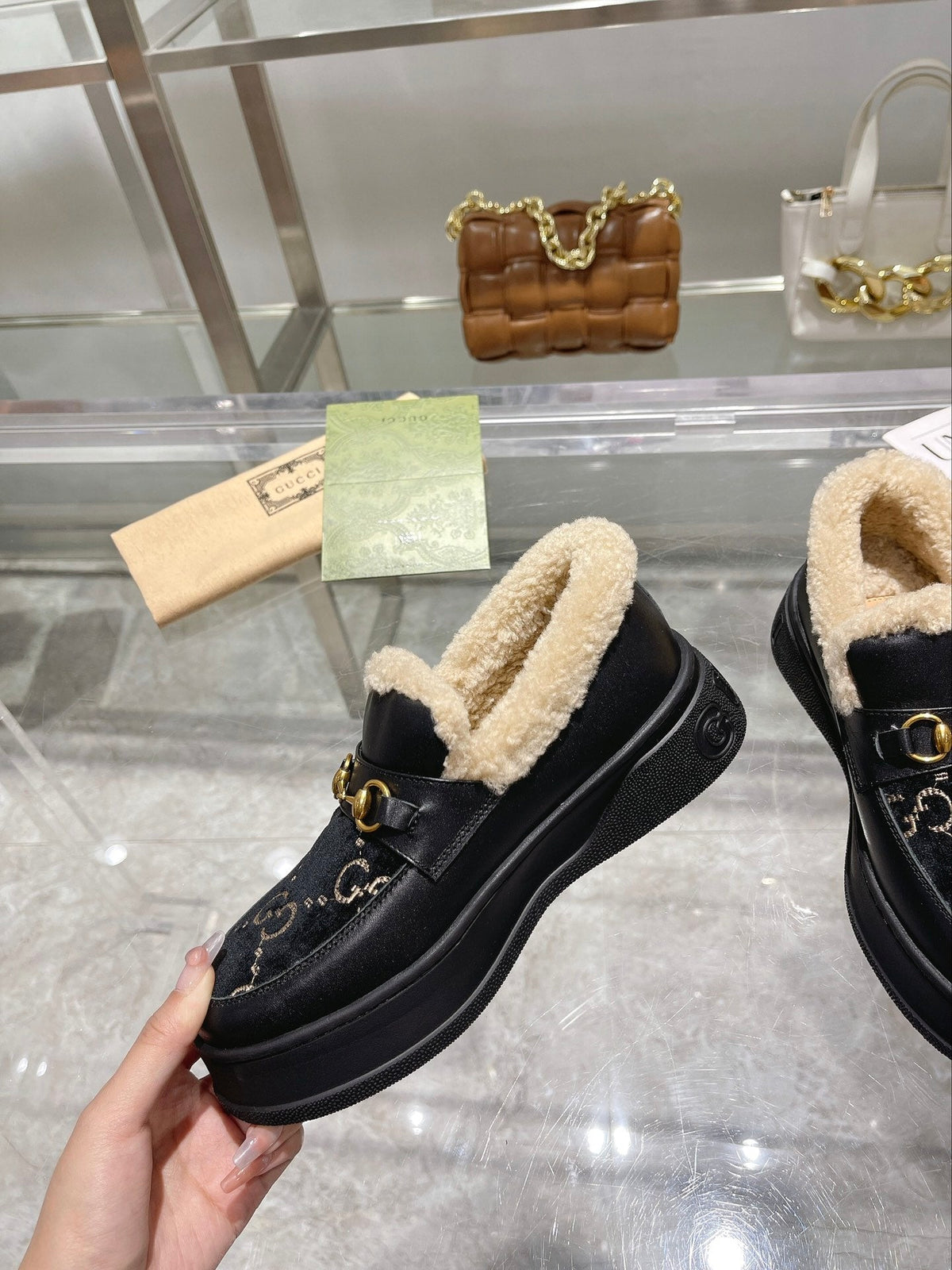 GG Snow Boots Black  Calfskin Suede Wool 576251