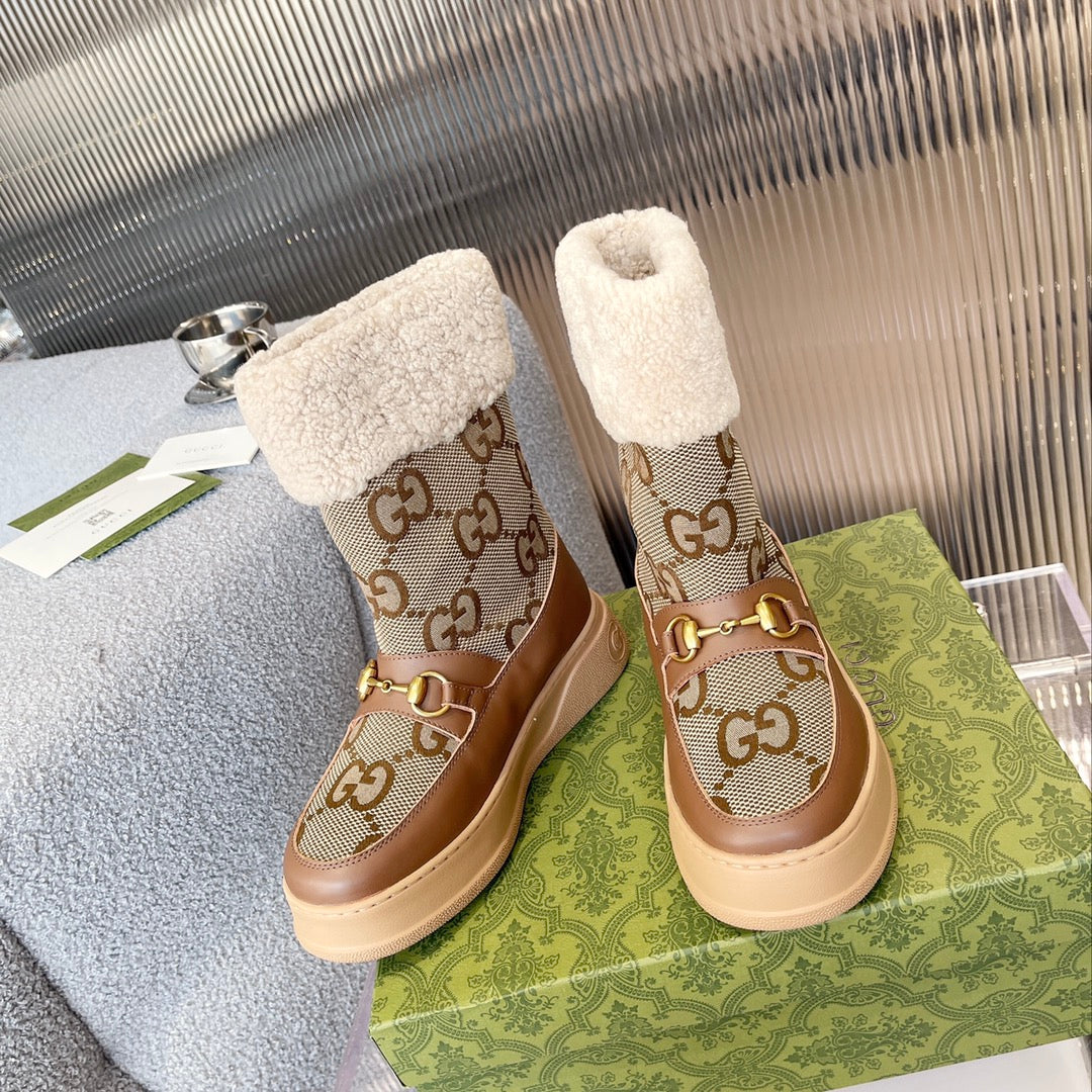 Gucci 2025 Monogram Boot Brown Beige Ebony Wool Canvas Calfskin 564684