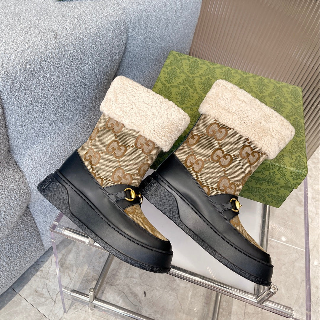 Gucci 2025 Monogram Boot Black Beige Wool Canvas Calfskin 564685