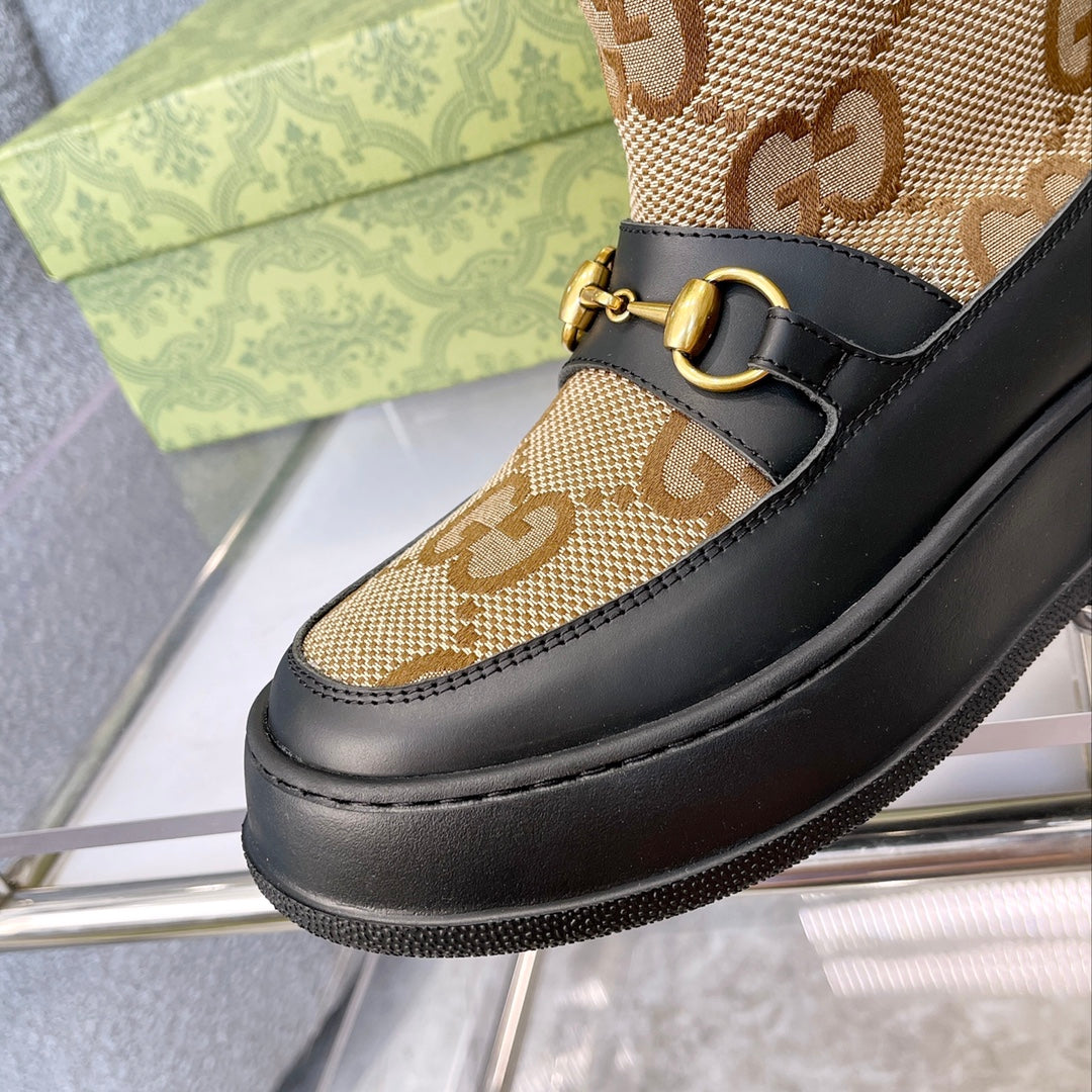 Gucci 2025 Monogram Boot Black Beige Wool Canvas Calfskin 564685
