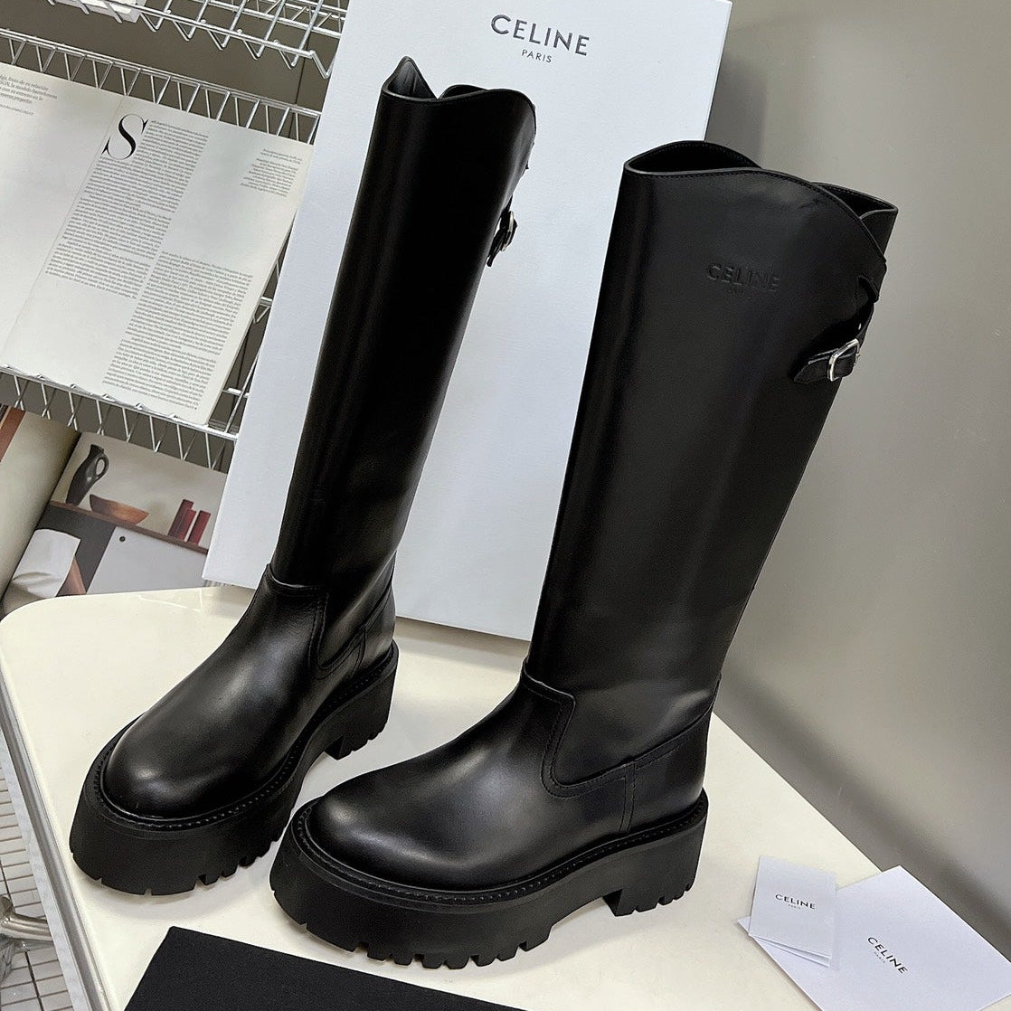 Celine 2026 Bulky Buckle High Boots 50mm Black Calfskin 948174