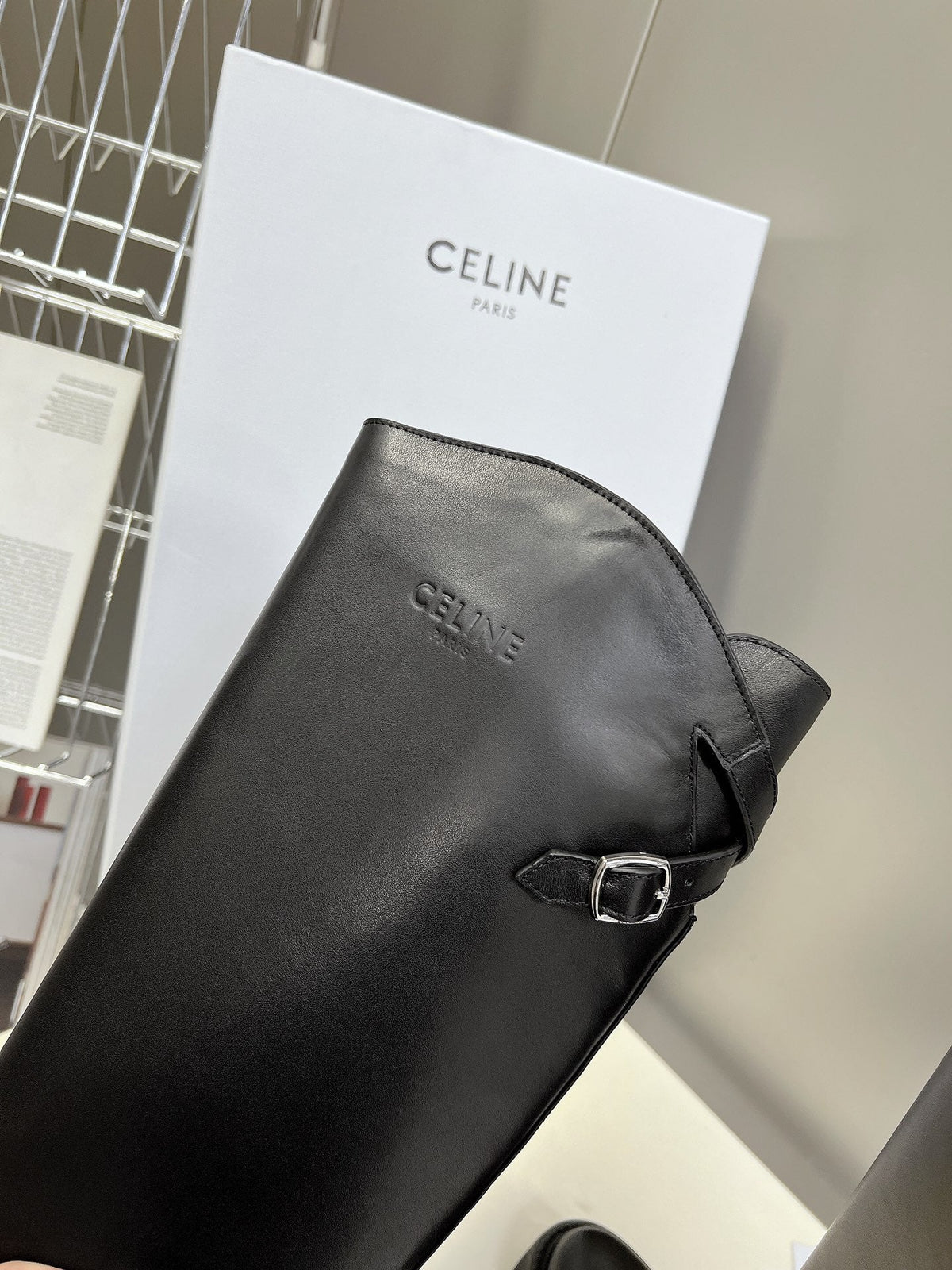 Celine 2026 Bulky Buckle High Boots 50mm Black Calfskin 948174