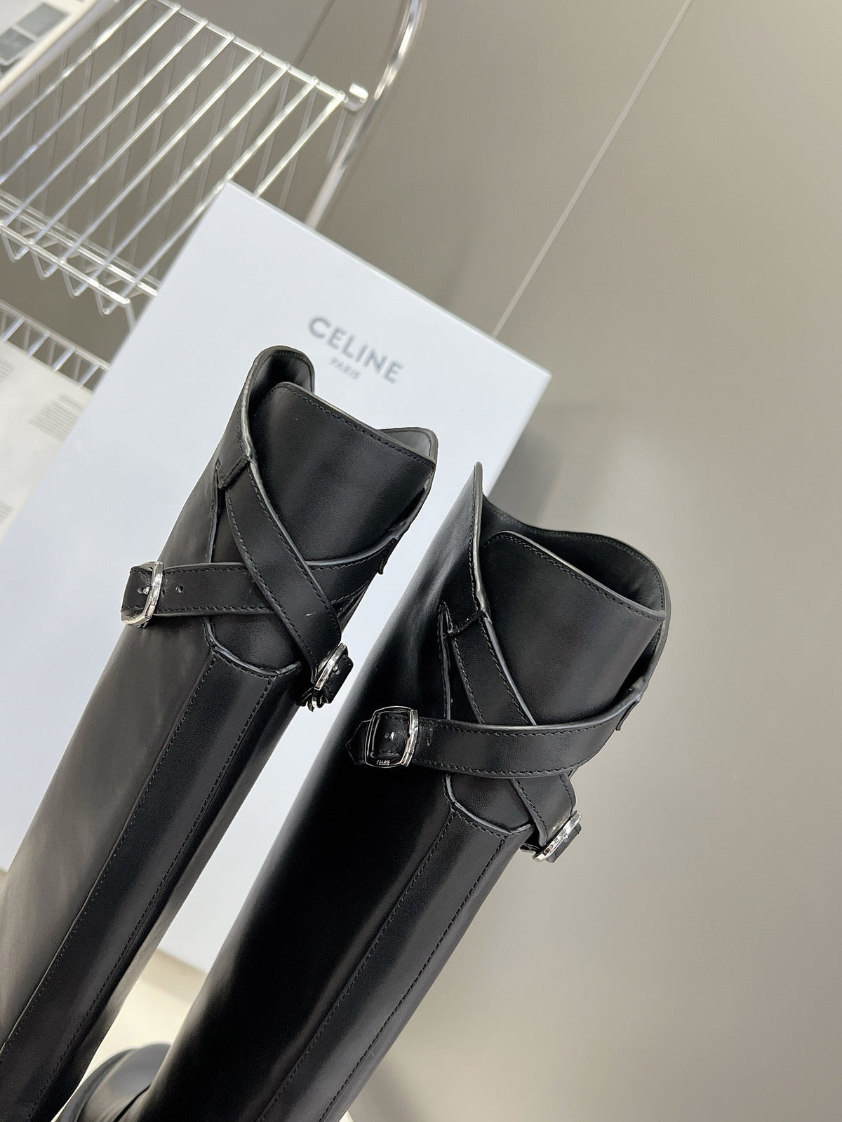Celine 2026 Bulky Buckle High Boots 50mm Black Calfskin 948174
