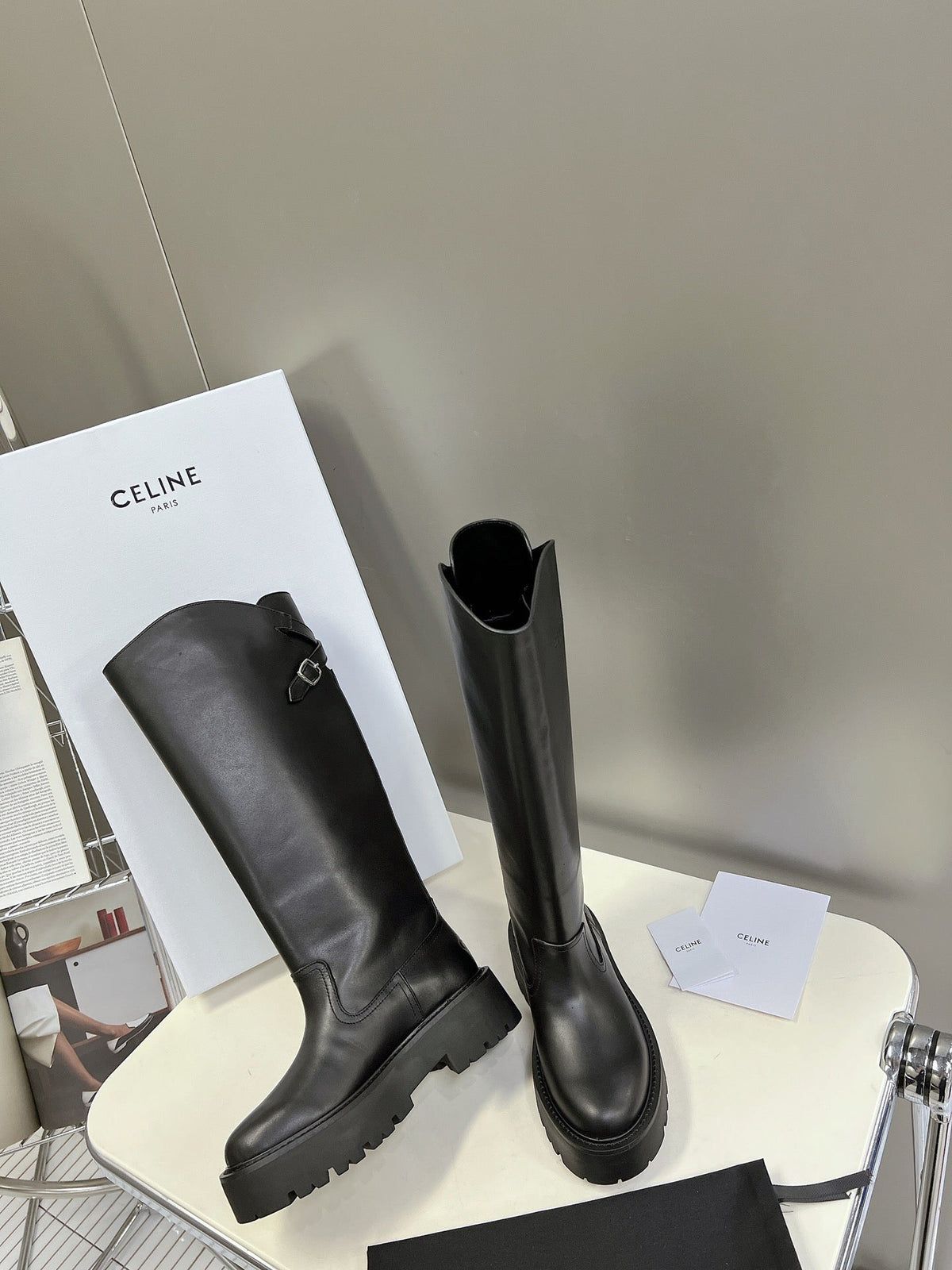 Celine 2026 Bulky Buckle High Boots 50mm Black Calfskin 948174