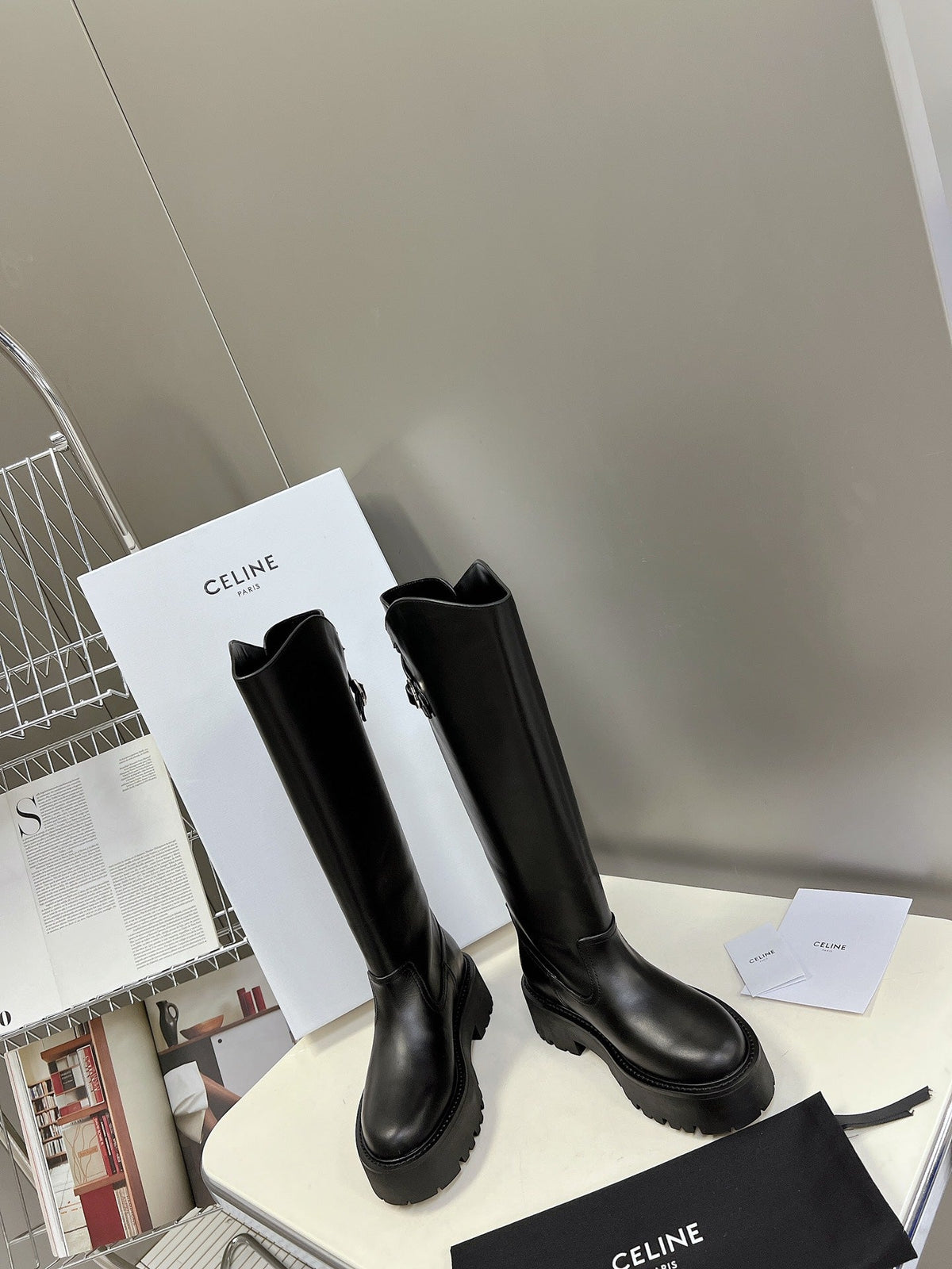 Celine 2026 Bulky Buckle High Boots 50mm Black Calfskin 948174