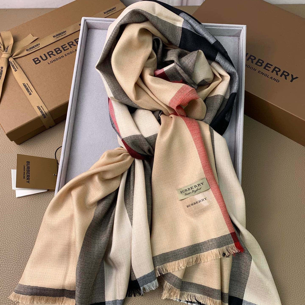 SCARF 200 CM IN CAMEL BEIGE MIX BLACK CASHMERE 394728