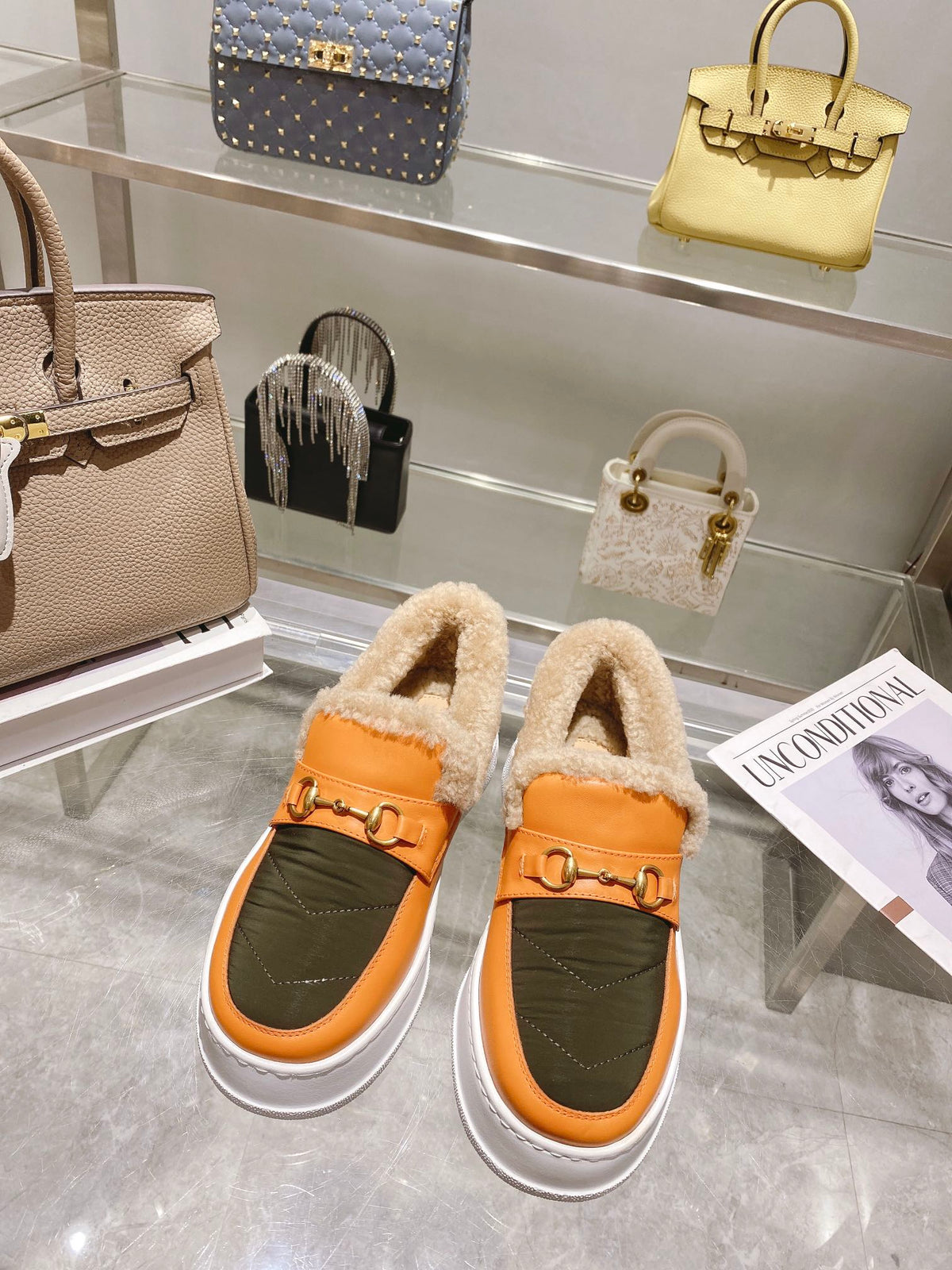 GG Snow Boots Orange Olive Cowhide Wool 576233