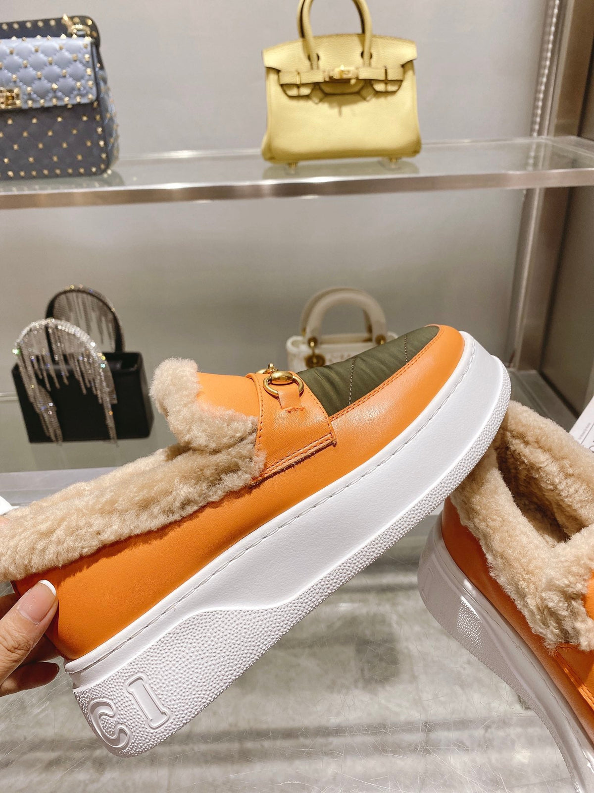 GG Snow Boots Orange Olive Cowhide Wool 576233