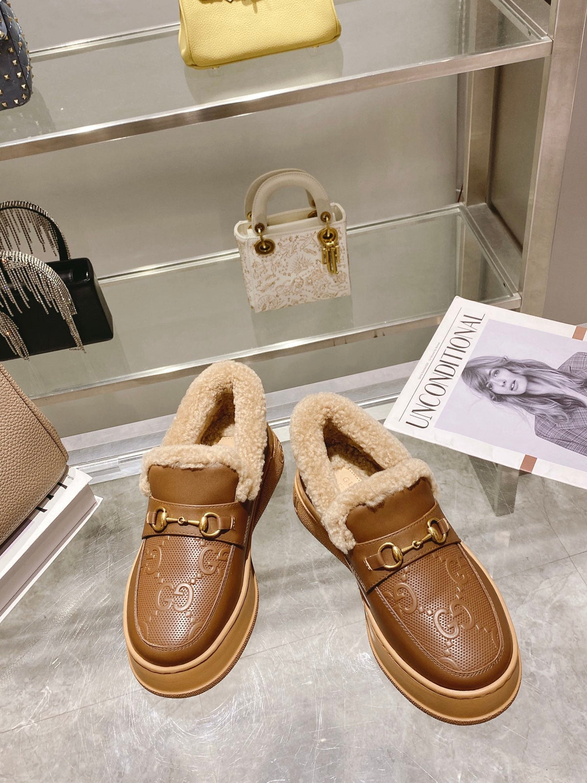 GG Snow Boots Brown Calfskin Wool 576240