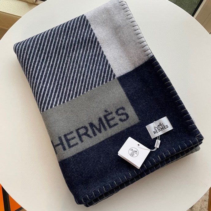 HM Riviera Blanket Blue White Wool Cashmere