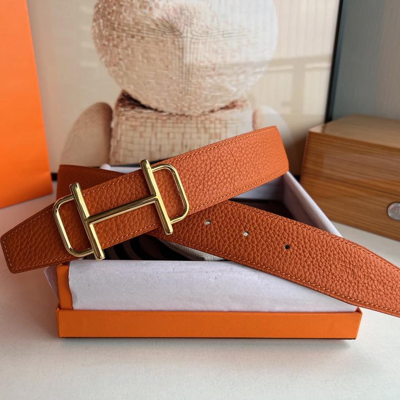HM ROYAL BELT BUCKLE & REVERSIBLE NOIR AND ORANGE LEATHER STRAP 32 MM GOLD HARDWARE