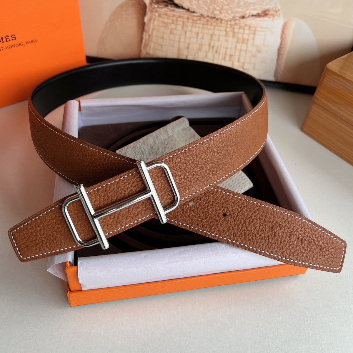 HM ROYAL BELT BUCKLE & REVERSIBLE NOIR AND CIDER ORANGE LEATHER STRAP 32 MM SILVER HARDWARE