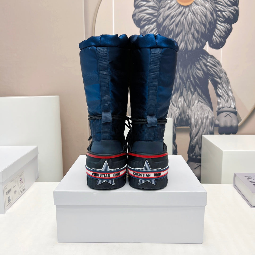 CD Platform Snow Boots Dark Blue Cowhide Nylon Fabric 539653