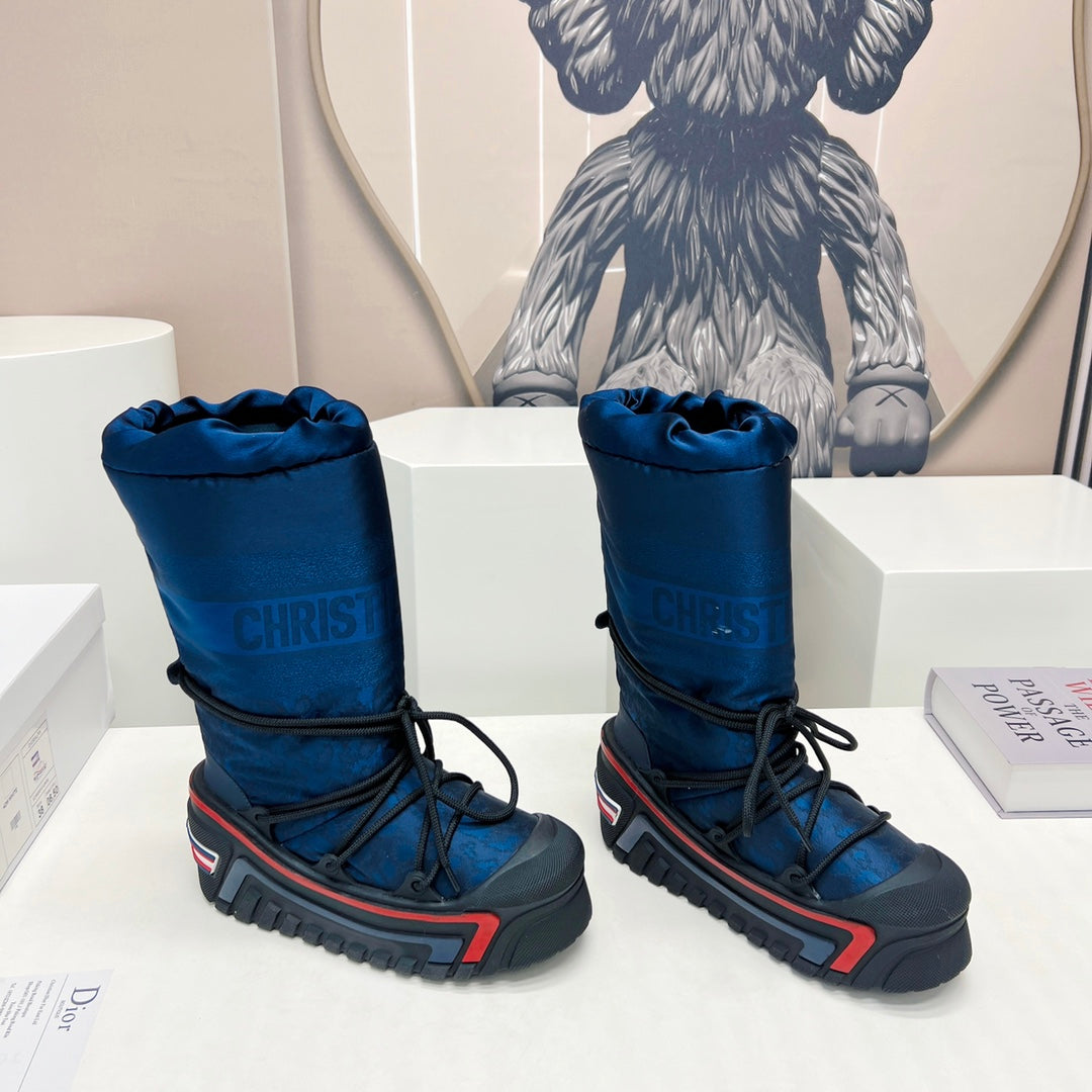 CD Platform Snow Boots Dark Blue Cowhide Nylon Fabric 539653