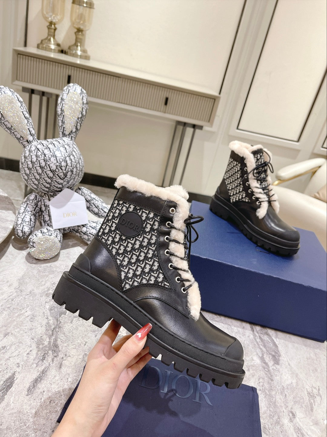 CD Explorer Ankle Boot 50mm Black White Fleece Lining Oblique Jacquard Fabric And Cowhide