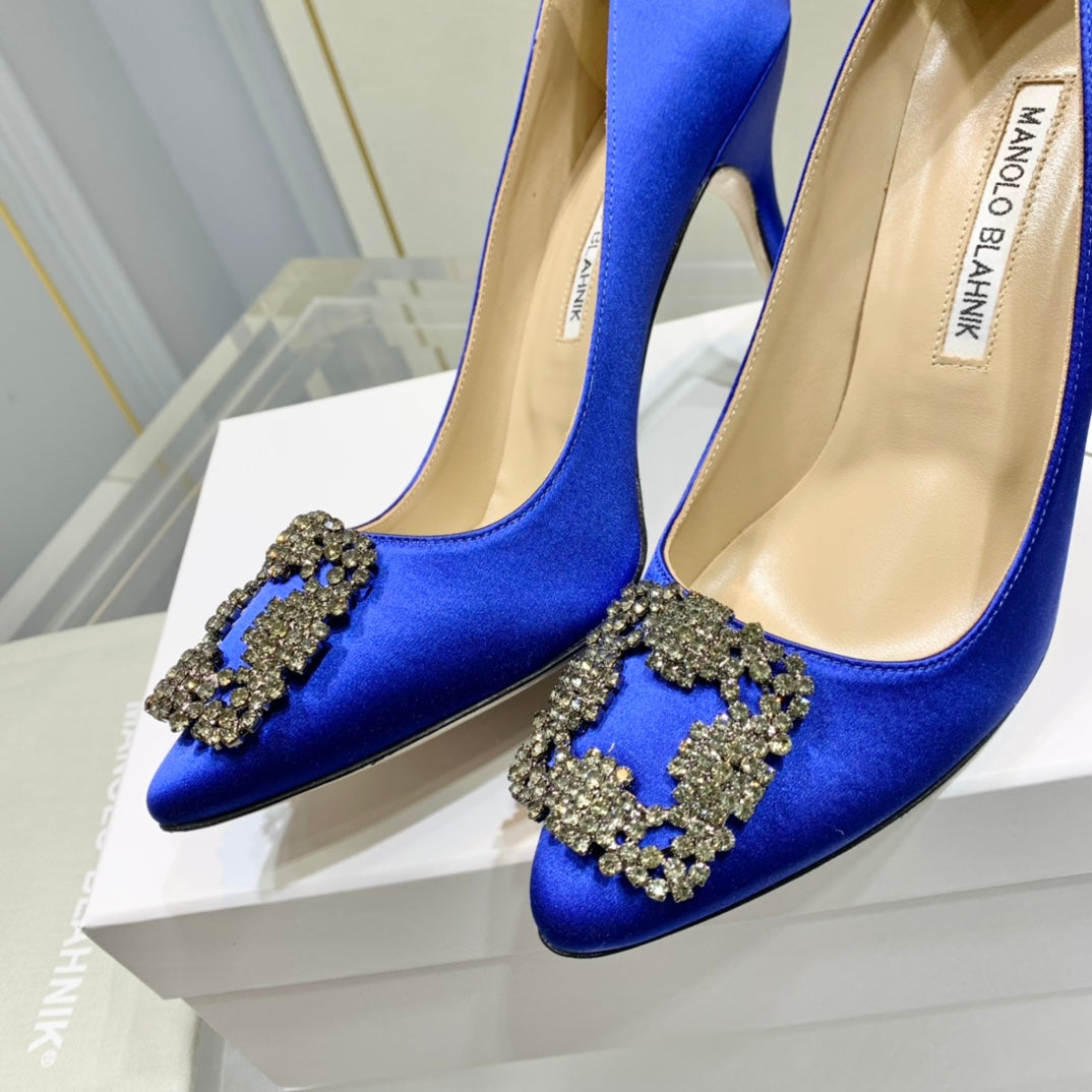 Manolo Diamond Buckle Pumps 10cm Navy Blue Silk 574252