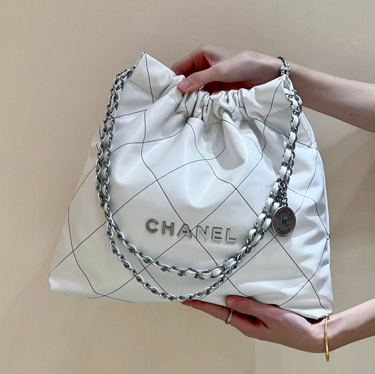 CC 22 Hobo White Black Calfskin Silver Hardware