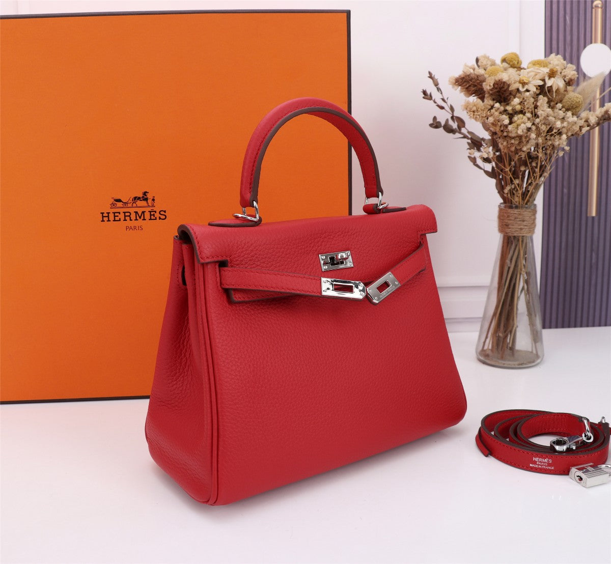HM KELLY BAG 28 RED TOGO SILVER HARDWARE
