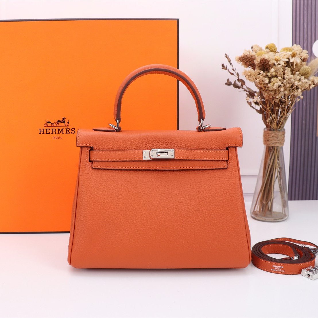 HM KELLY BAG 28 ORANGE TOGO SILVER HARDWARE