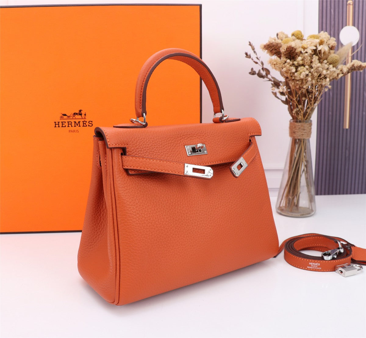 HM KELLY BAG 25 ORANGE TOGO SILVER HARDWARE