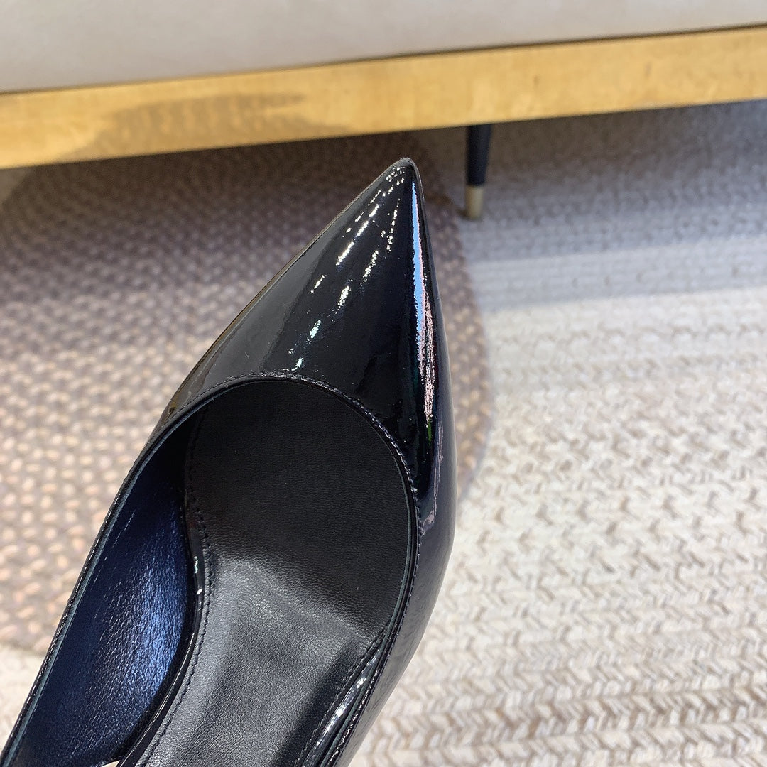 OPYUM RED HEEL SLINGBACK PUMPS IN BLACK GLOSSY CALFSKIN
