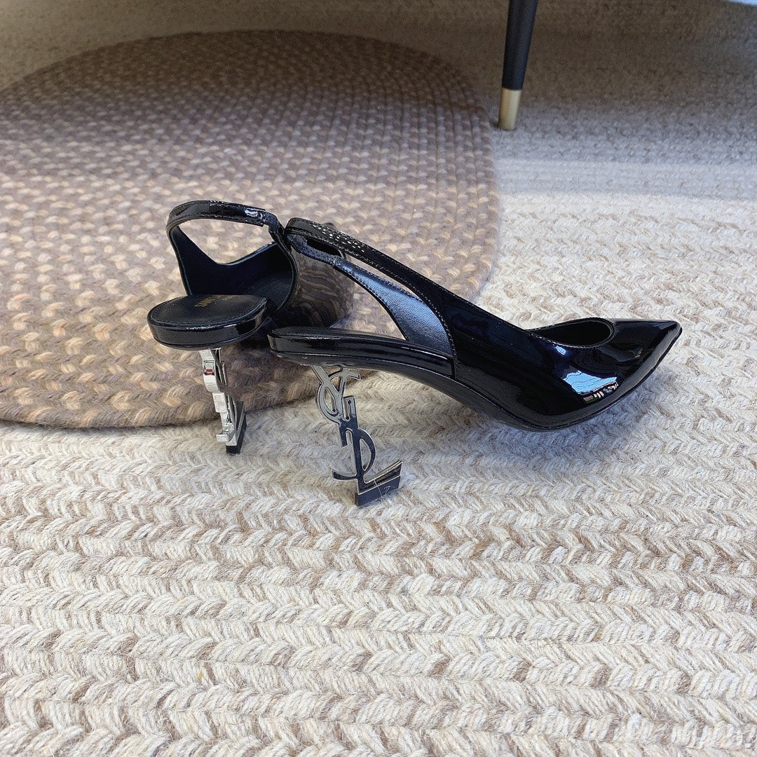 OPYUM SILVER HEEL SLINGBACK PUMPS IN BLACK GLOSSY CALFSKIN