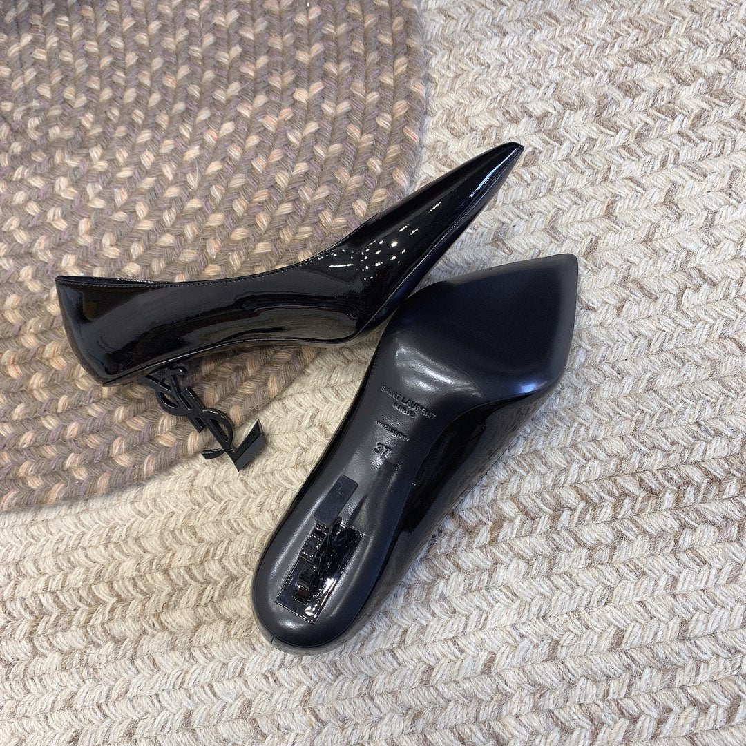 OPYUM BLACK HEEL PUMPS IN BLACK GLOSSY CALFSKIN