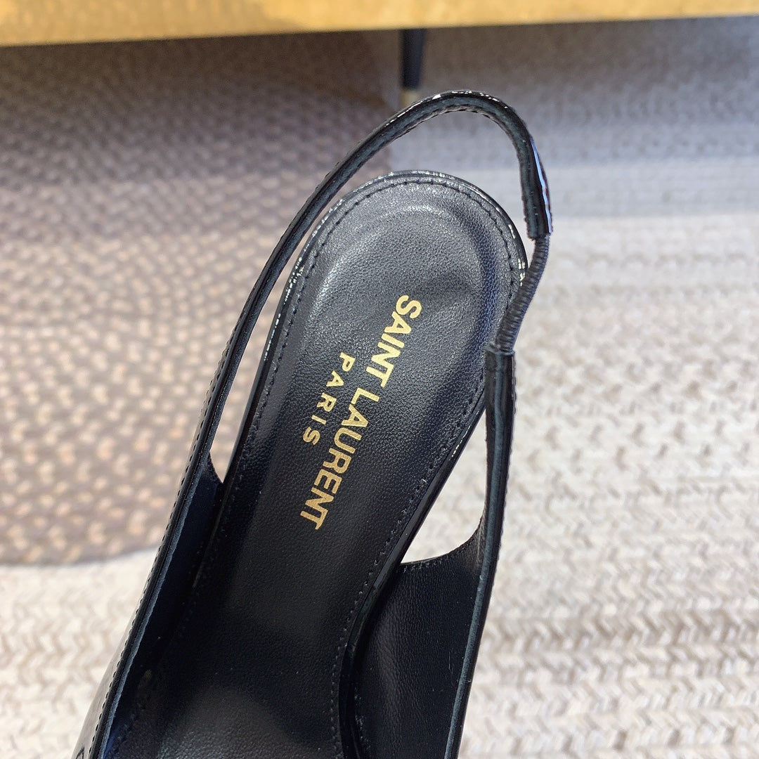 OPYUM BLACK HEEL SLINGBACK PUMPS IN BLACK GLOSSY CALFSKIN