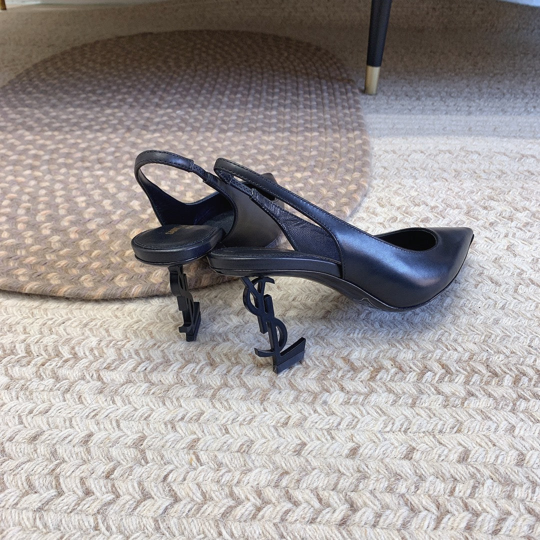 OPYUM BLACK HEEL SLINGBACK PUMPS IN BLACK SMOOTH LAMBSKIN