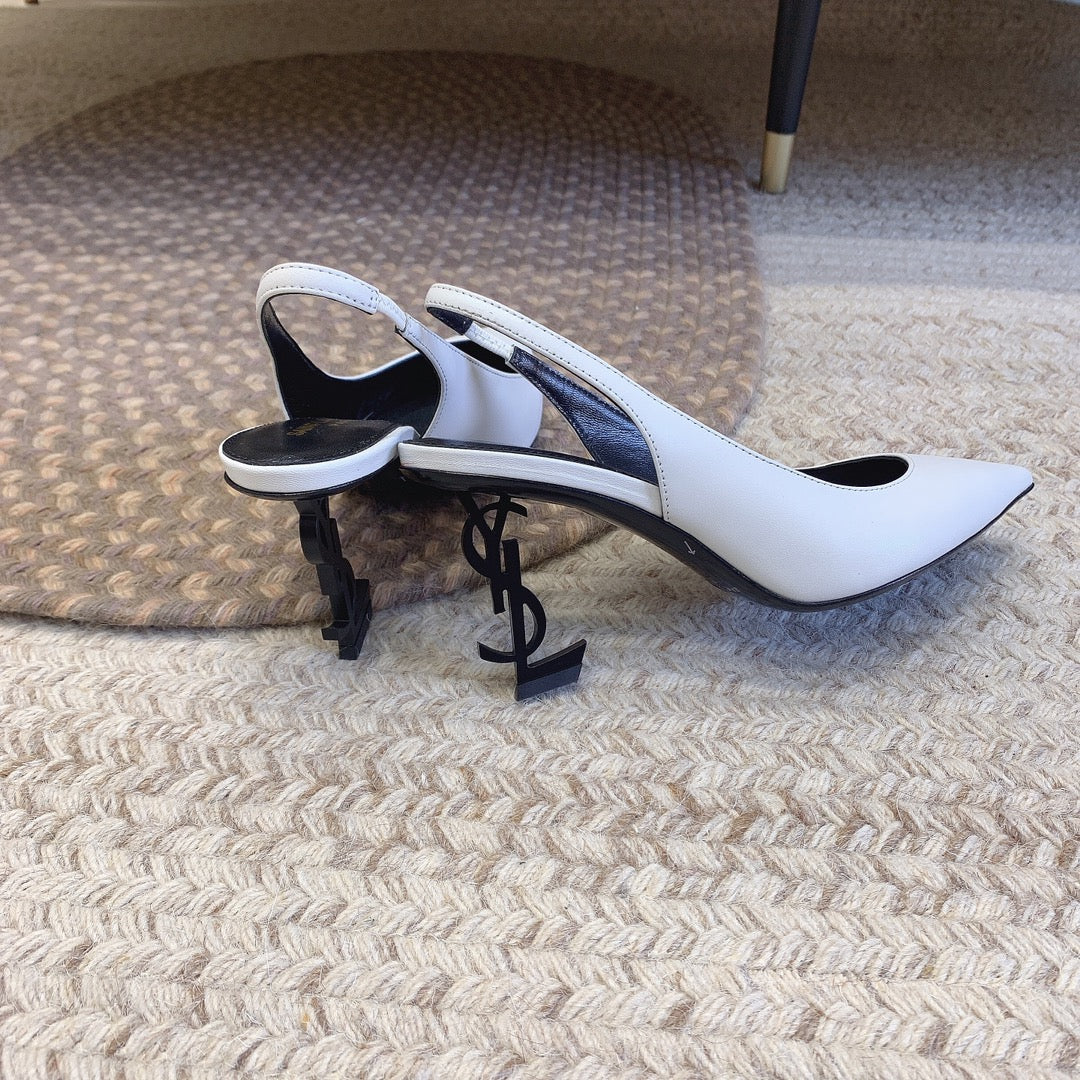 OPYUM BLACK HEEL SLINGBACK PUMPS IN WHITE SMOOTH LAMBSKIN
