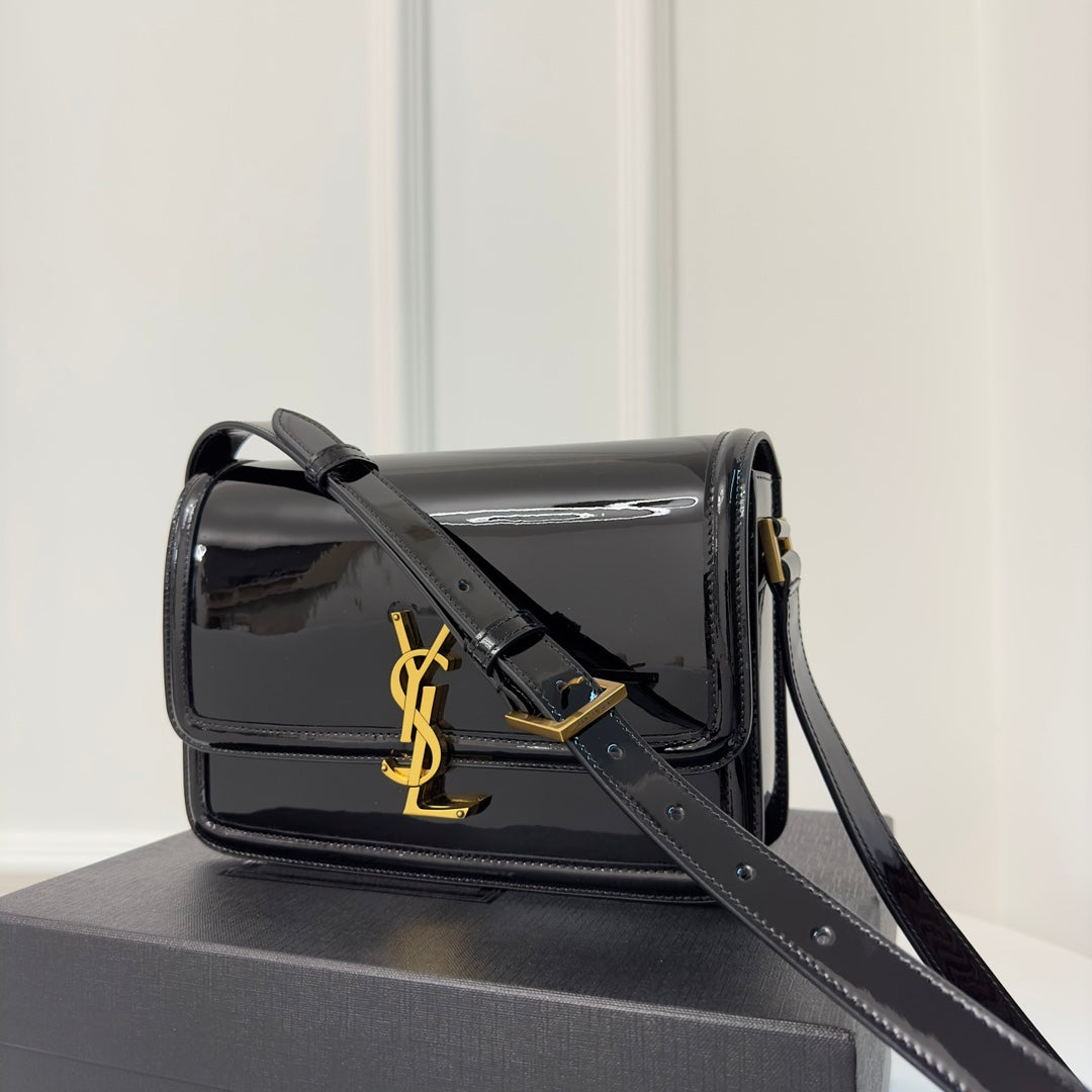 YSL Solferino Small Satchel Bag Black Gold Patent Leather 339430