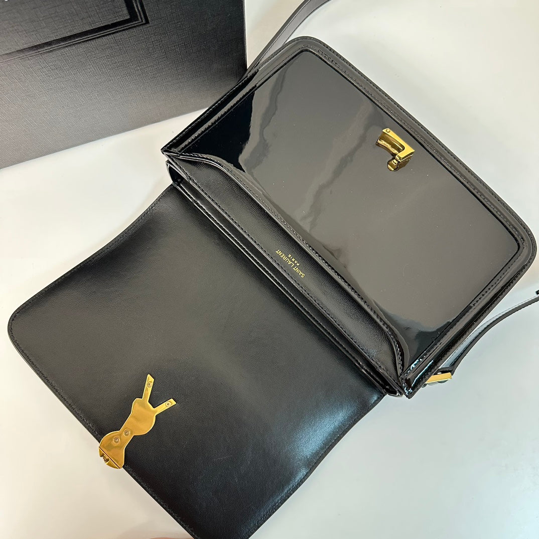 YSL Solferino Small Satchel Bag Black Gold Patent Leather 339430