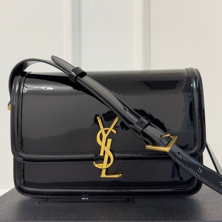 YSL Solferino Small Satchel Bag Black Gold Patent Leather 339430