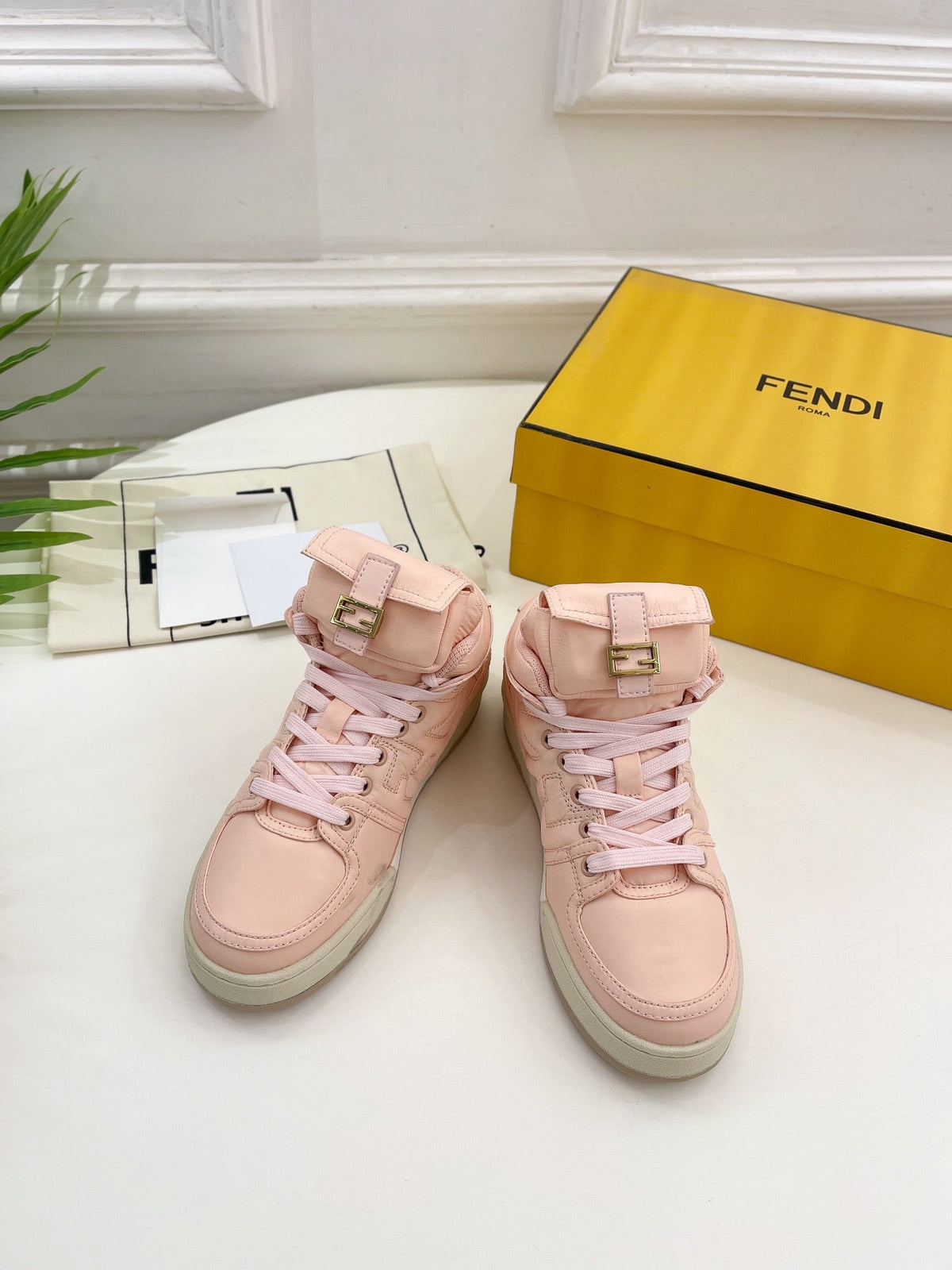 FENDI LOGO SOCK SNEAKER BOOTS IN LIGHT PINK LAMBSKIN