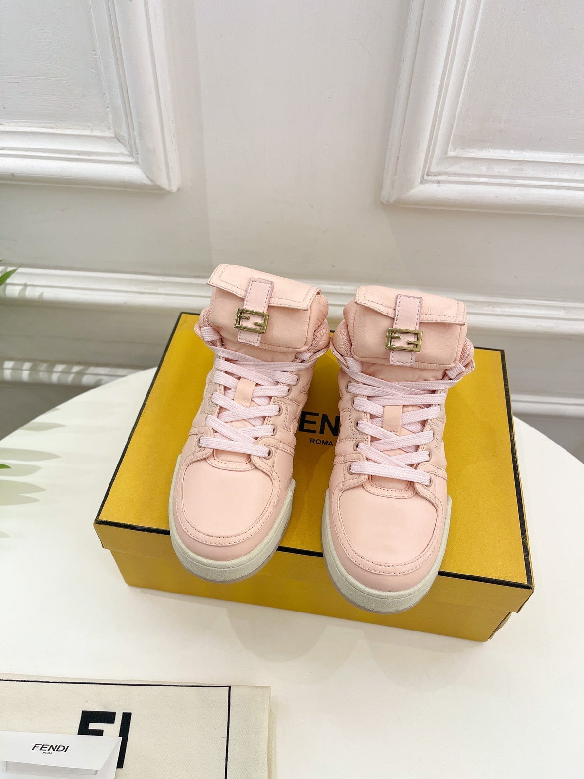 FENDI LOGO SOCK SNEAKER BOOTS IN LIGHT PINK LAMBSKIN
