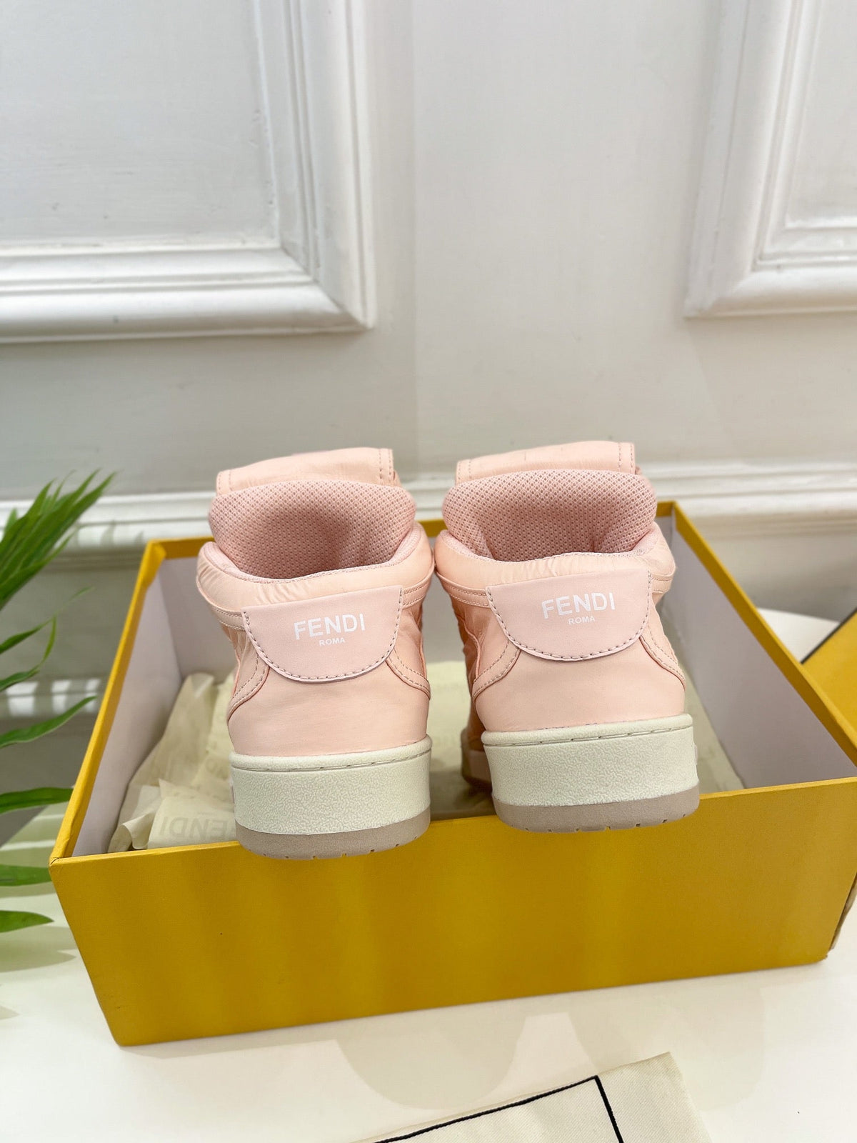 FENDI LOGO SOCK SNEAKER BOOTS IN LIGHT PINK LAMBSKIN