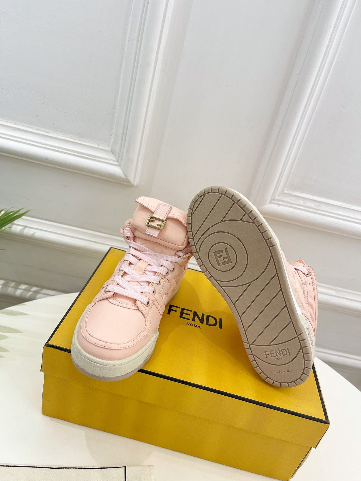 FENDI LOGO SOCK SNEAKER BOOTS IN LIGHT PINK LAMBSKIN