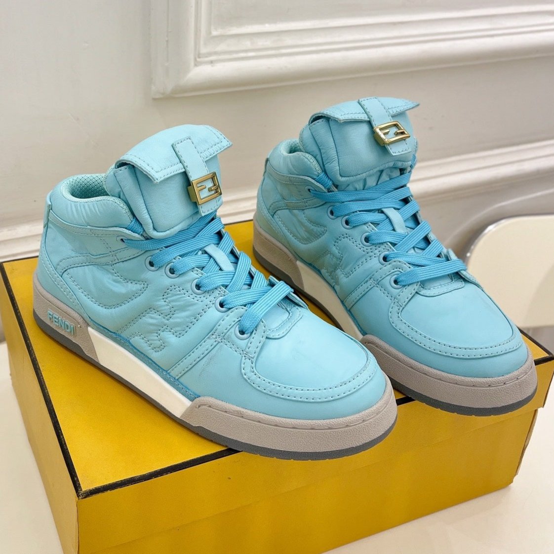FENDI LOGO SOCK SNEAKER BOOTS IN SKY BLUE LAMBSKIN
