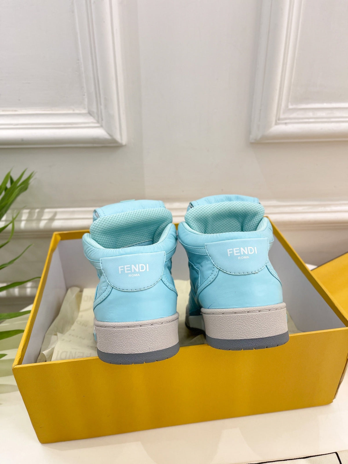 FENDI LOGO SOCK SNEAKER BOOTS IN SKY BLUE LAMBSKIN