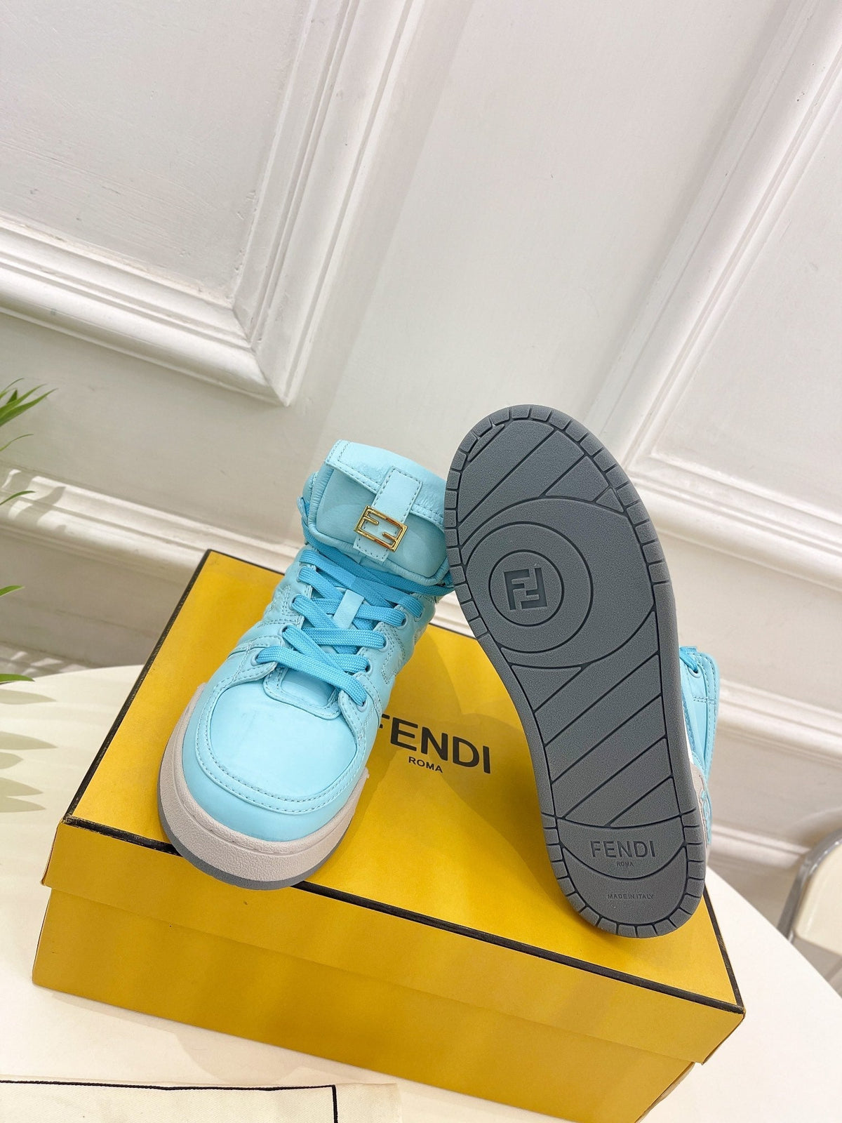 FENDI LOGO SOCK SNEAKER BOOTS IN SKY BLUE LAMBSKIN