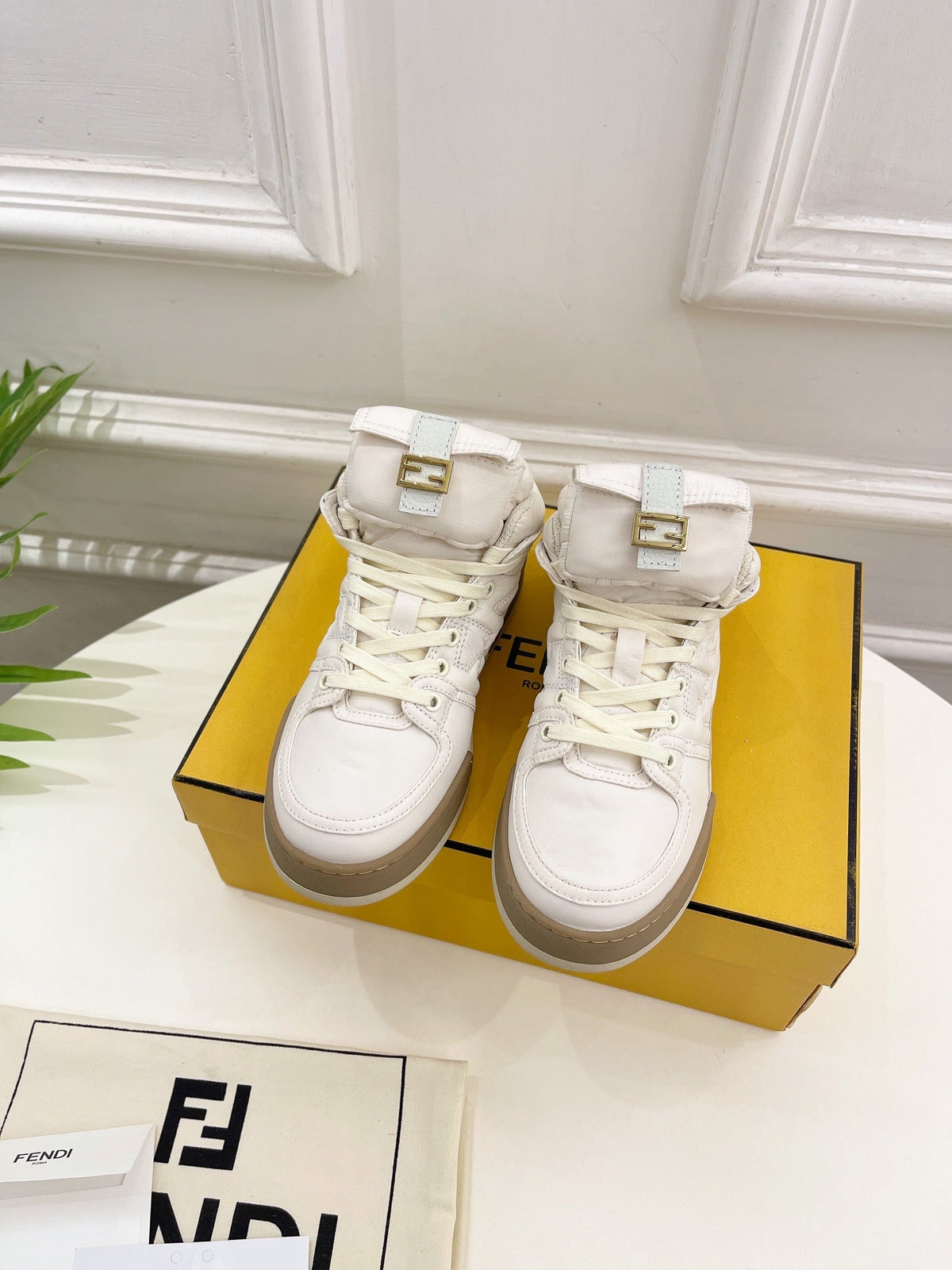 FENDI LOGO SOCK SNEAKER BOOTS IN WHITE LAMBSKIN