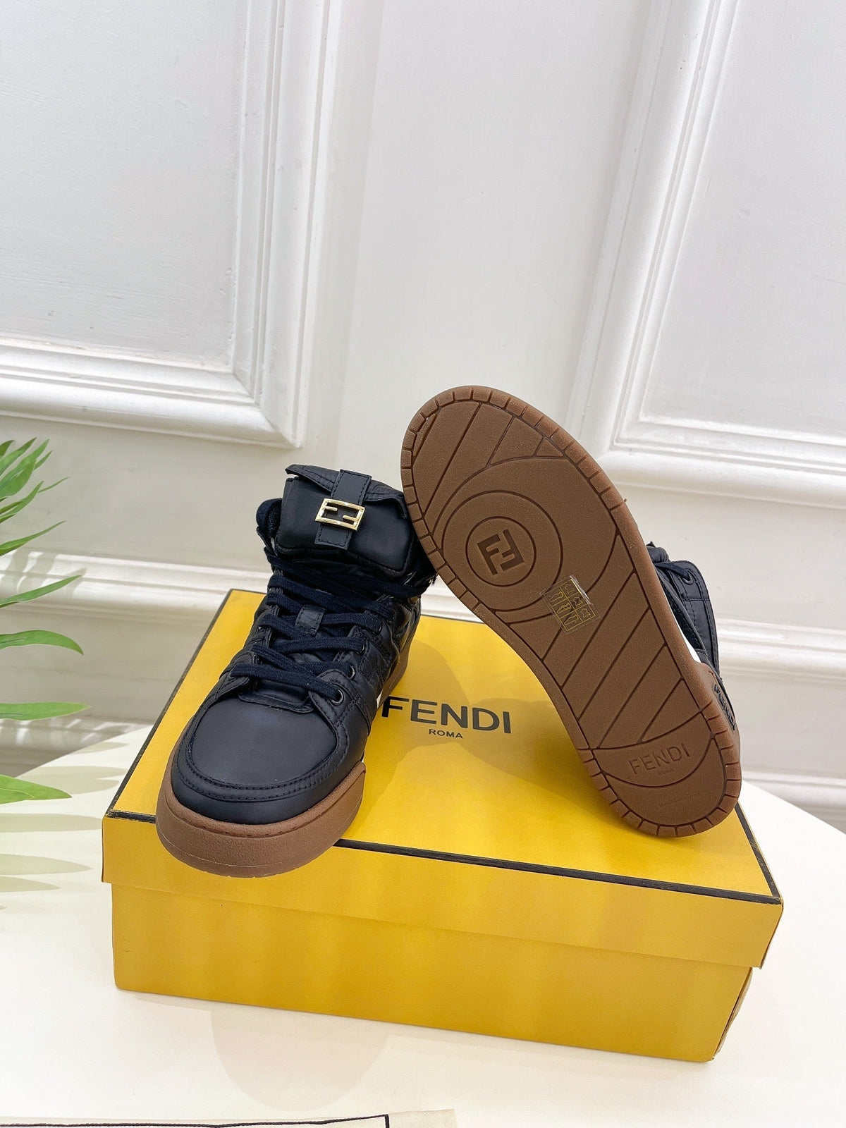 FENDI LOGO SOCK SNEAKER BOOTS IN BLACK LAMBSKIN